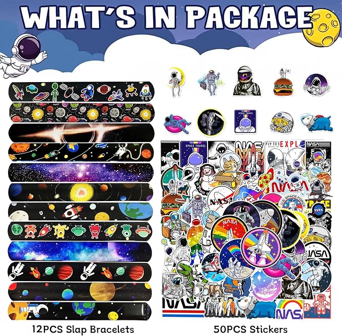 152PCS Space Party Favors Set, Outer Space Birthday Decorations Including Slap Bracelets, Keychains, Gift Bags, DIY Stickers, Drinking Straws, Alien Birthday Supplies