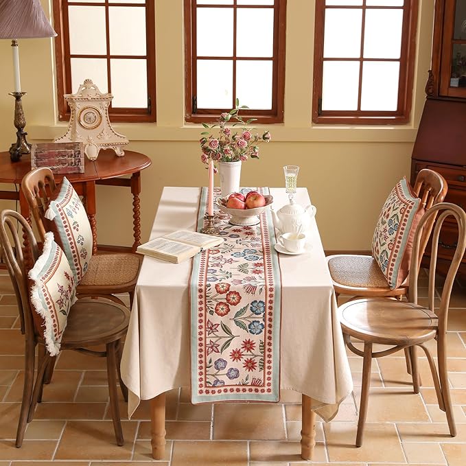 bilin gaier Floral Linen Long Table Runner,Wrinkle-Resistant Rustic Farmhouse Decor with Blue and Red Flower,Decorative Luxury Vintage Runner Table Cloth for Coffee & Dining Table,12"x71" - Lohi