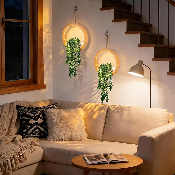 Der Rose 2 Pack Lighted Hanging Plants, Artificial String of Pearls Plants with Warm LED Lights, Aesthetic Fake Plants for Wood Tone Bedroom Bathroom Living Room Wall Decor, Party & Gift for Women