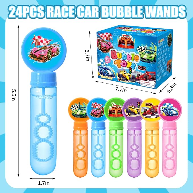 Winrayk 24 Large Cars Bubble Wands with Gift Box, Kids Race Car Party Favors - Racing Bubbles Bulk (6 Style & Color), Pinata Filler Goody Bag Stuffer Carnival Prize Boys Wheel-themed Birthday Supplies