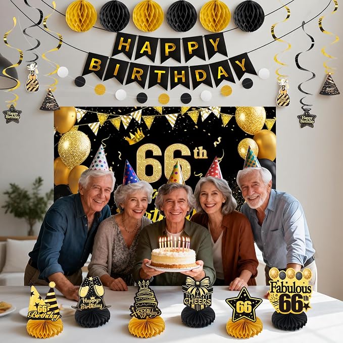 Happy 66th Birthday Party Decoration: Including Birthday Banner Backdrop, Party Table Centerpieces and Hanging Swirl Party Streamers, Birthday Decor for Men and Women (Gold/Black, 66th Birthday)