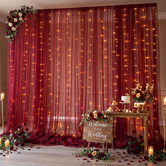 20x10ft Burgundy Tulle Backdrop Curtain for Parites, Sheer Photo Backdrop Drapes for Wedding Baby Shower Boy Shower Birthday Party Photo Shoot Background Decorations