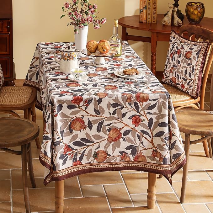 patdrea Vintage French Linen Tablecloth,Rectangular,87"x55" | Elegant Beautiful Table Cloth for Rectangle Table,Natural Floral Block Print,for Dining Room Tea Party Thanksgiving