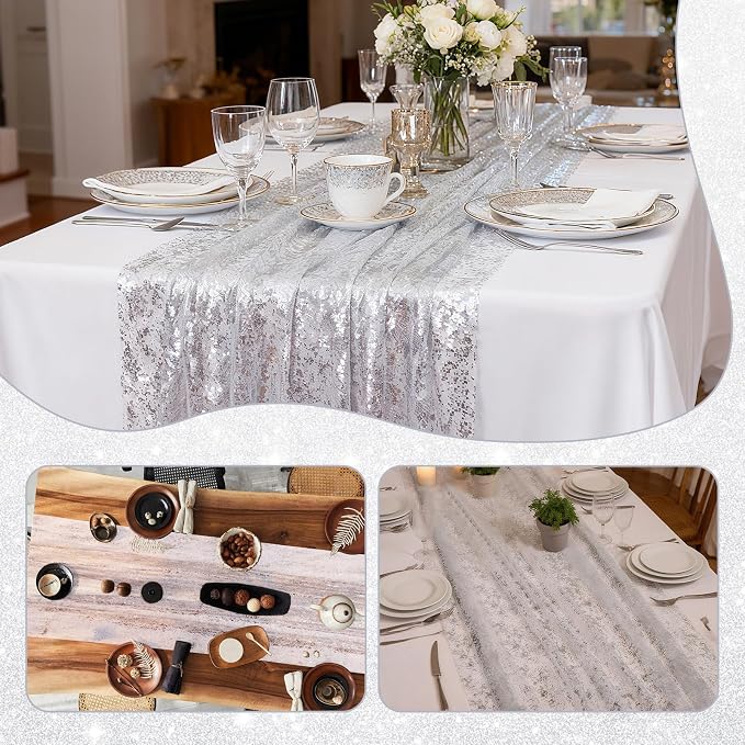 BINBE 3PCS Silver Table Runner 10Ft Sheer Chiffon Fabric Cheesecloth Sequin Glitter Table Runner for Wedding Birthday Party Decor