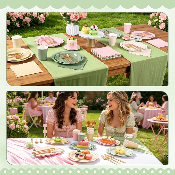 350 Pcs Sage and Pink Paper Plates and Napkins Party Supplies - Pink and Green Birthday Decoration Include Dusty Pink Sage Green Scalloped Plate Napkin Cup & Cutlery for Baby Shower, Wedding, Birthday