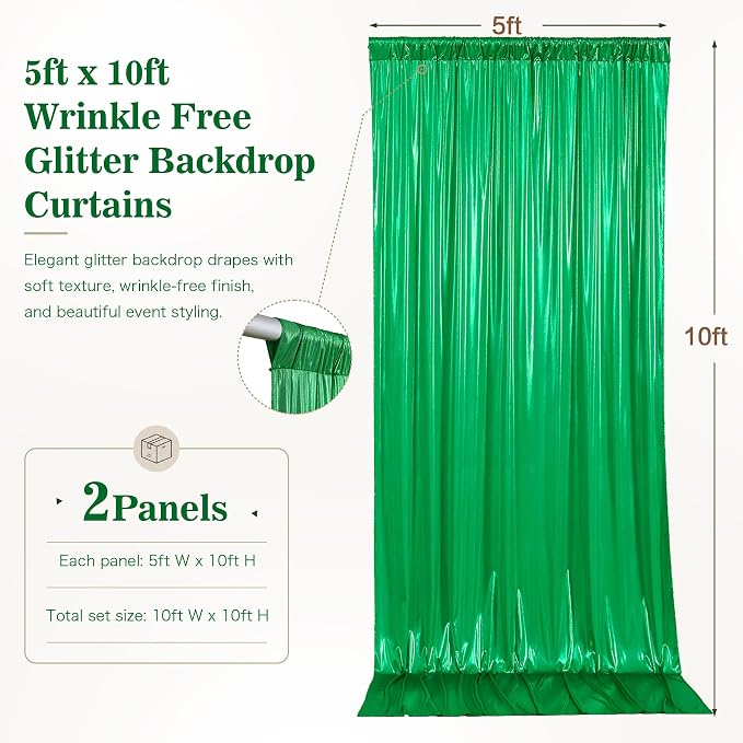 10x10ft Green Sequin Backdrop Curtains, Wrinkle Free Glitter Backdrop Drapes for Wedding Parties Photography Stage Decor, Non-Shedding 2 Panels Set (5x10ft Each)