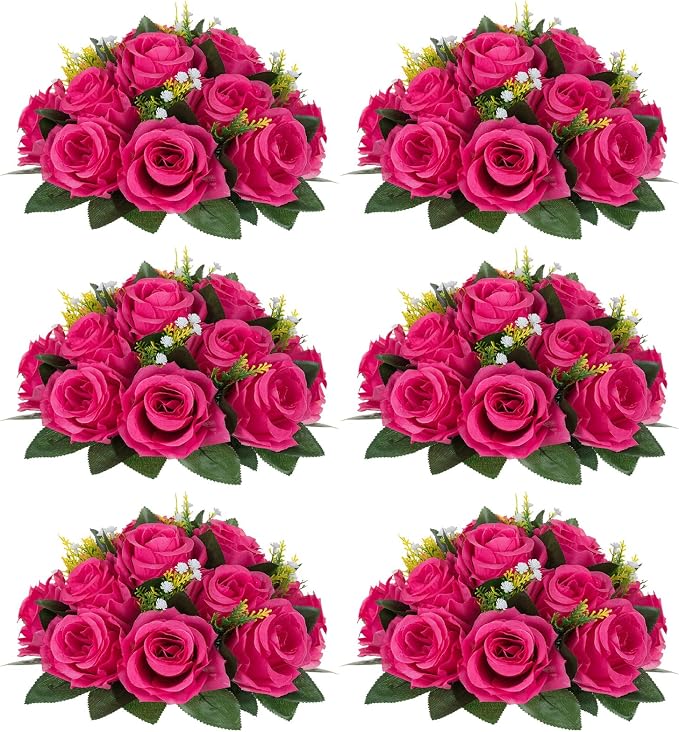 NUPTIO Flower Ball for Table Centerpieces: 6 Pcs Hot Pink Artificial Rose Kissing Balls for Wedding Party Valentine Tables - Faux Silk Floral Arrangements for Home Dining Event Decorations