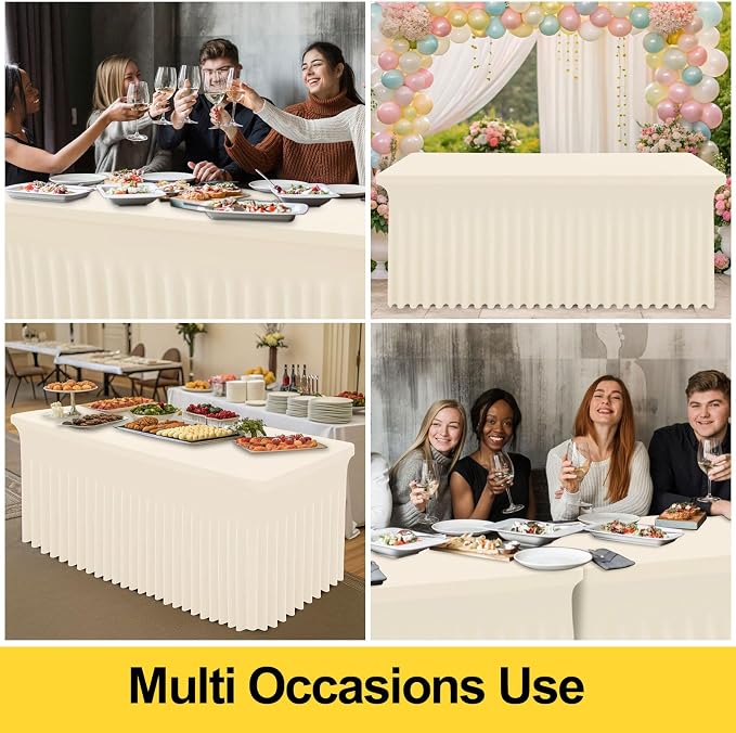 Smiry Spandex Tablecloth, Elastic Fitted Stretch Tablecloth for 8FT Rectangle Tables, Waterproof Washable Table Cover Skirt for Outdoor, Wedding, Banquet & Parties (Beige, 96Lx30Wx30H Inch)