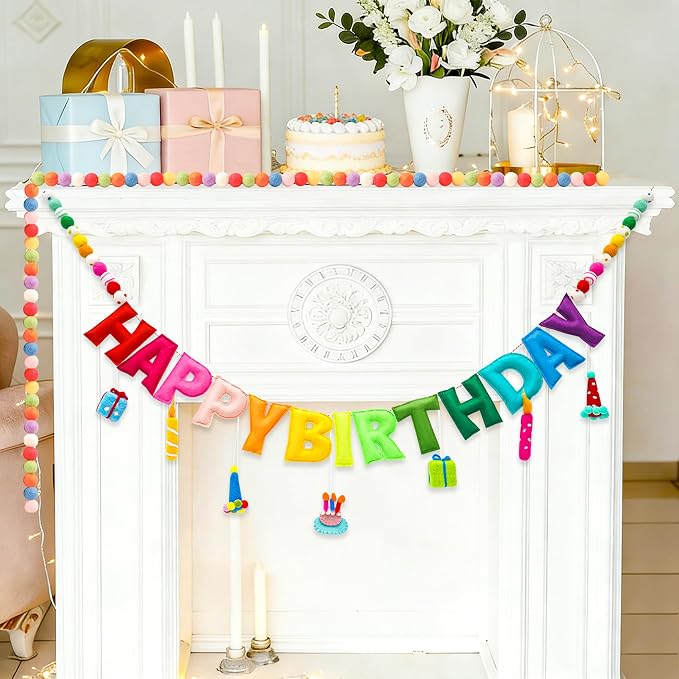 Happy Birthday Banner, Handmade Wool Felt Birthday Banner with Cute Charms, Reusable Rainbow Birthday Decorations for Kids, Colorful Birthday Garland for 1st Birthday, Baby Shower,Party Photo Backdrop
