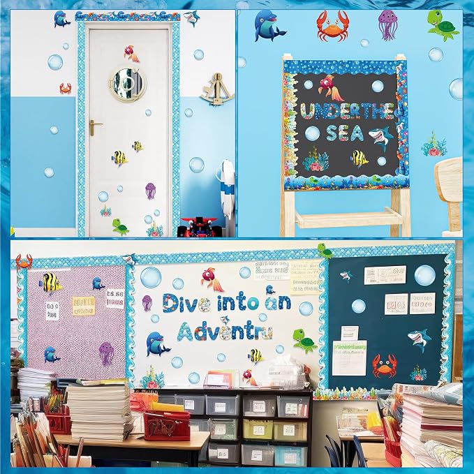 Kosiz Ocean Bulletin Board Decoration Set 118 ft Under The Sea Bulletin Board Borders Colorful Classroom Poster Border Trim with 257 Pcs Letter Number Symbol Cutout for School Decor