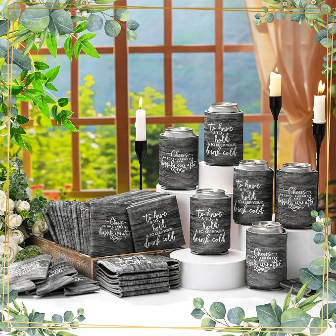 Qinyoung 50 Pieces Wood Grain Wedding Can Cooler Sleeves Bulk Engagement Party Favors for Guests Cheers to Love Laughter and Happily Ever After Rehearsal Dinner Decorations for Wedding Bridal
