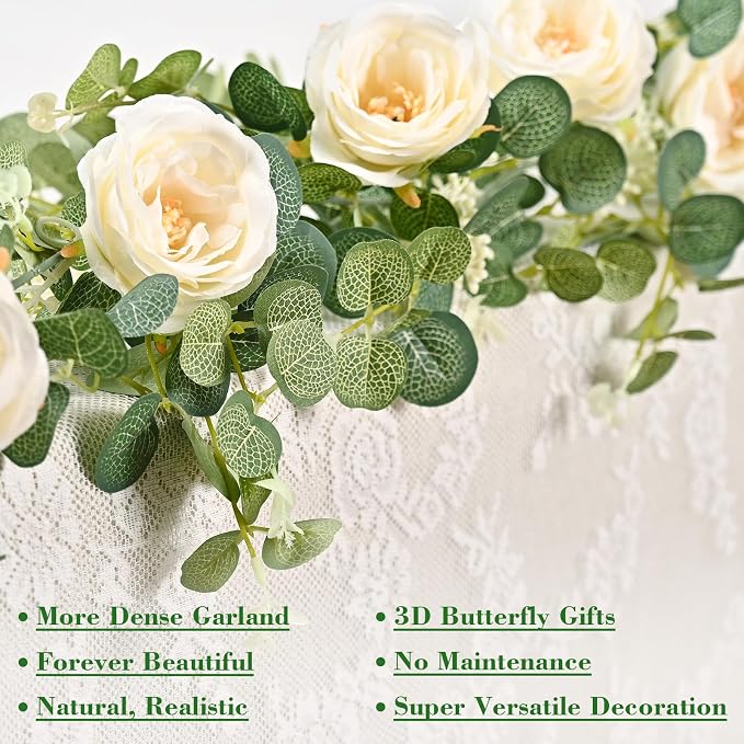 Yastouay 2 Pcs 12.1 Ft Flower Garland with Butterfly, Artificial Eucalyptus Garland with Champagne Flowers Fake Rose Camellia Vine for Table Centerpiece Wedding Baby Shower Room Backdrop Decor