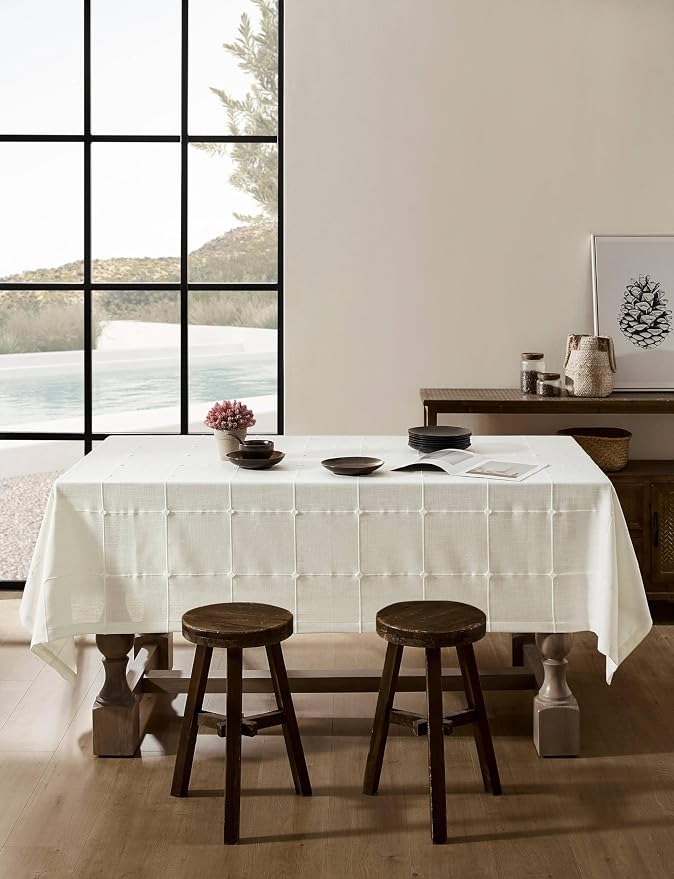 ZeeMart Grid Embroidered Hemmed Tablecloths, Off White 52x70 Inch, Farmhouse Style Heavy Weight Cotton Linen White Tablecloths, Boho Plaid Water Resistant Rectangle Table Cloth