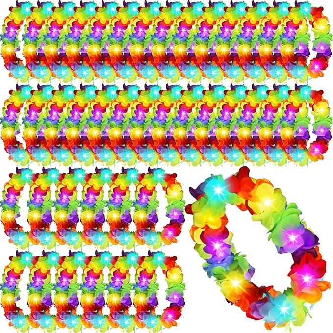 Sherr 48 Pcs LED Hawaiian Leis Light up Flower Leis Necklace with LED Lights Luau Flowers Necklaces for Masquerade Beach Wedding Tropical Themed Party Supplies(Colourful)