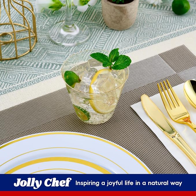 JOLLY CHEF 50 Pack 9 oz Glitter Plastic Cups, Disposable Gold Cups, Clear Plastic Tumblers for Weddings Thanksgiving, Christmas Parties