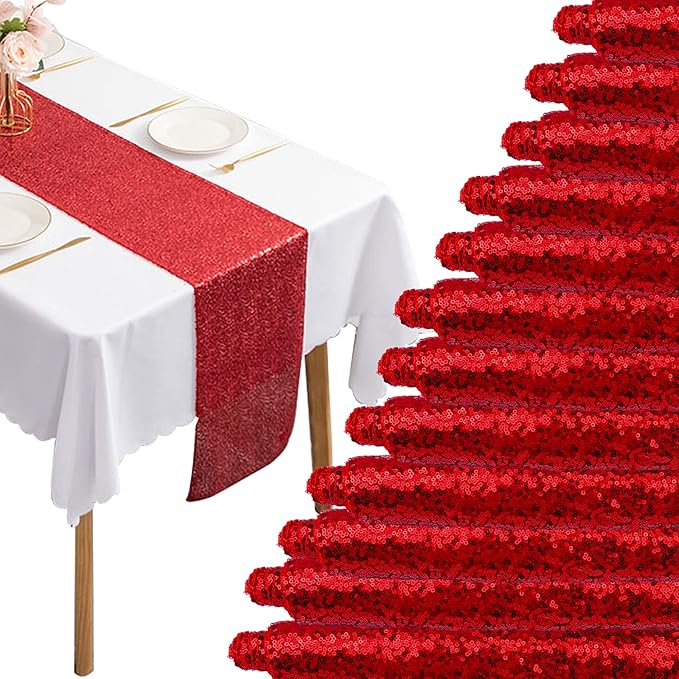 12 Packs 12 X 108 Inch Red Sequin Table Runner Glitter Dining Table Runner for Birthday Wedding Engagement Bridal Baby Shower Bachelorette Holiday Celebration Party Supplies Decorations (Red)