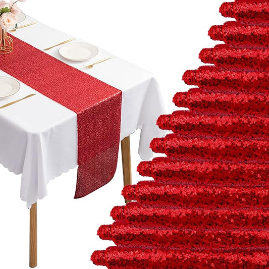 12 Packs 12 X 72 Inch Red Sequin Table Runner Glitter Dining Table Runner for Birthday Wedding Engagement Bridal Baby Shower Bachelorette Holiday Celebration Party Supplies Decorations (Red)