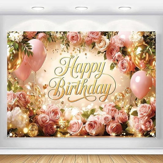 Happy Birthday Backdrop Banner For Women Girls Princess Pink Floral Flower Wall Rose Gold Balloon Party Decorations Photography Background Supplies Decor Fabric Photo Booth Props 7x5ft