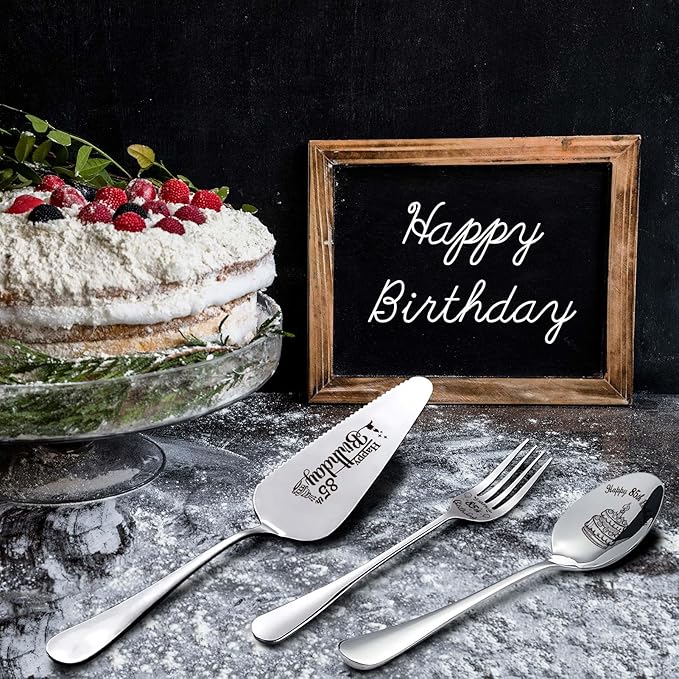 Happy 85th Birthday Personalized Laser-Engraved Stainless Steel Birthday Party Utensil Set - Cake Server, Spoon, and Fork for Mother Father Husband Wife Grandmother Grandfather