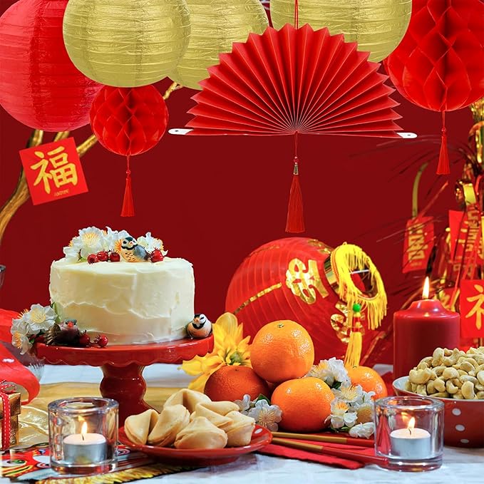 Winlyn 22 Pcs Chinese Lunar New Year Party Decorations Oriental Hanging Fans Red Gold Round Paper Lanterns Honeycomb Balls for Asian Chinese Vietnamese Tet The Year of Horse Home Wedding 2026 Decor