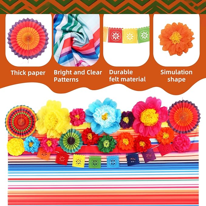 20 Pcs Fiesta Party Decorations, Cinco De Mayo Paper Fans Pom Poms Garlands, Mexican Party Banner Backdrop Decorations for Birthday Wedding Taco Colorful Rainbow Party Photo Booth Props Supplies