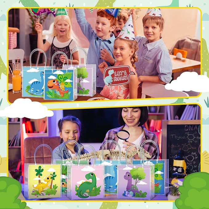 Teenyyou 24 Pcs Dinosaur Clear Gift Bags with Handles Cute Dinosaur Party Favor Candy Snack Treat Bags for Birthday Baby Shower Dino Theme Party Supplies