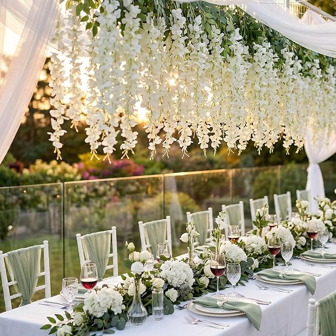 12 Pack Wisteria Hanging Flowers, Fake Hanging Flowers, 3.61 Ft Artificial Flower Vines Strings, Silk Wisteria Flowers for Home Wedding Arch Backdrop Outdoor Party Garden Yard Decor (White)
