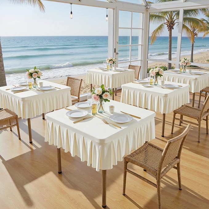 Wish Care Ivory Spandex Tablecloths for 48x48 Inch Square Tables, Stretch Fitted Table Clothes with Pleated Ruffle Skirt for 48” Table, Wrinkle Free and Elastic, for Party Kitchen Home Dining