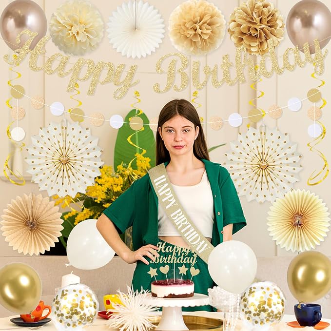 Vlipoeasn Champagne Gold Birthday Party Decorations Set, Happy Birthday Banner Cake Topper Paper Fans Pompoms Latex Balloons Kit, Party Supplies for Women Men Adults Kids Indoor Backdrop Decor