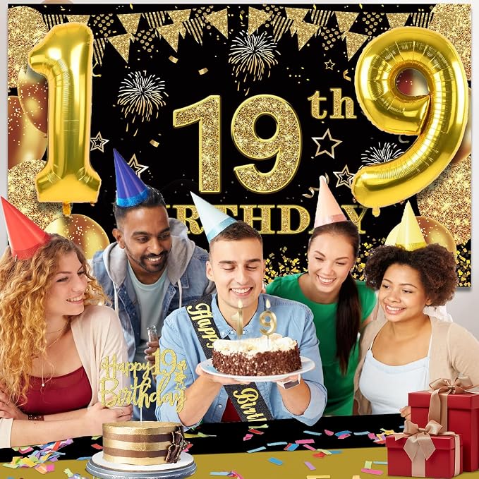 19th Birthday Decorations for Him Her with 19th Birthday Banner, Black and Gold Table Cloth, Number Balloons, Large Sash, Cake Topper and Candles