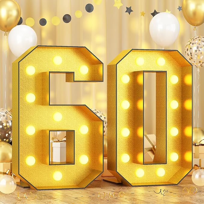 4FT Light Up Numbers 60, Number 60 Marquee Large Light Up Numbers Frame Marquee Mosaic Number for 60th Birthday, Giant Light Up Number DIY Frame Pre-Cut Foam Board Kit for Graduation Anniversary Party