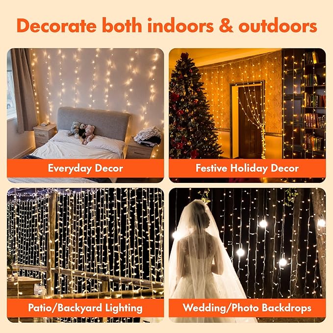 Twinkle Star 300 LED Window Curtain String Lights, Warm White, 2 Pack | 8 Modes, Fairy Lights, Wedding Party Home Garden Decor, Indoor Outdoor Wall
