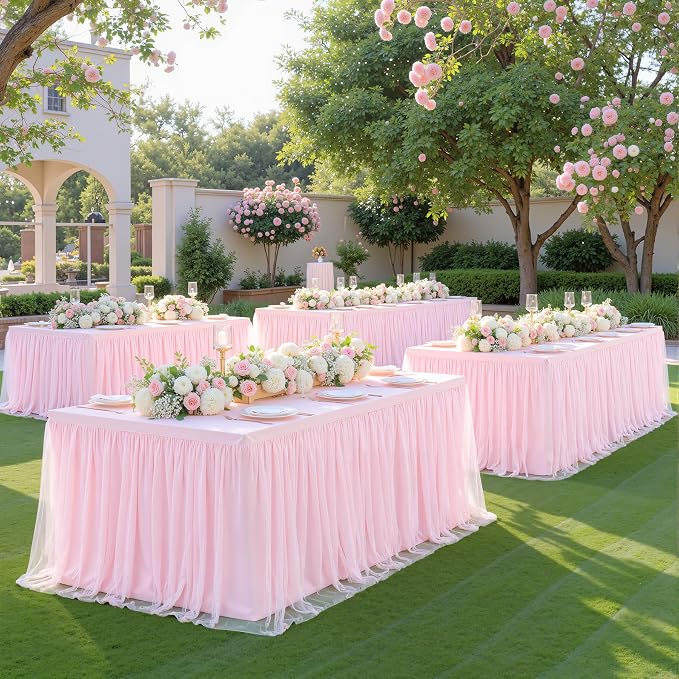 Suppromo 2 Pack 6ft Pink Tablecloths for Rectangle Tables 72 x 30 Inch Pink Rectangular Table Cloth, Wrinkle Free Table Cover with Tutu Skirt for Baby Shower Birthday Party Banquet Buffet Cake