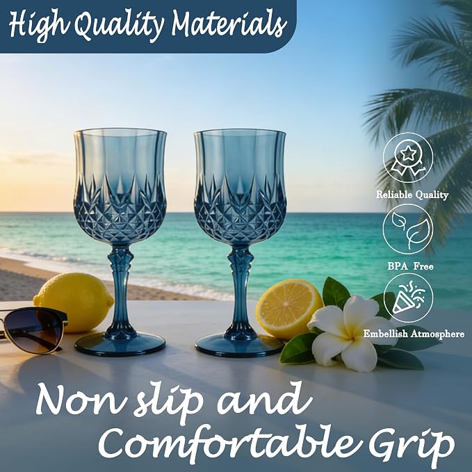 Plastic Wine Glasses, Plastic Goblets Vintage Style Cordial Unbreakable Drinking Glasses, Reusable Drinkware for Wedding Reception, Grand Event Party Supplies (24, Navy Blue)