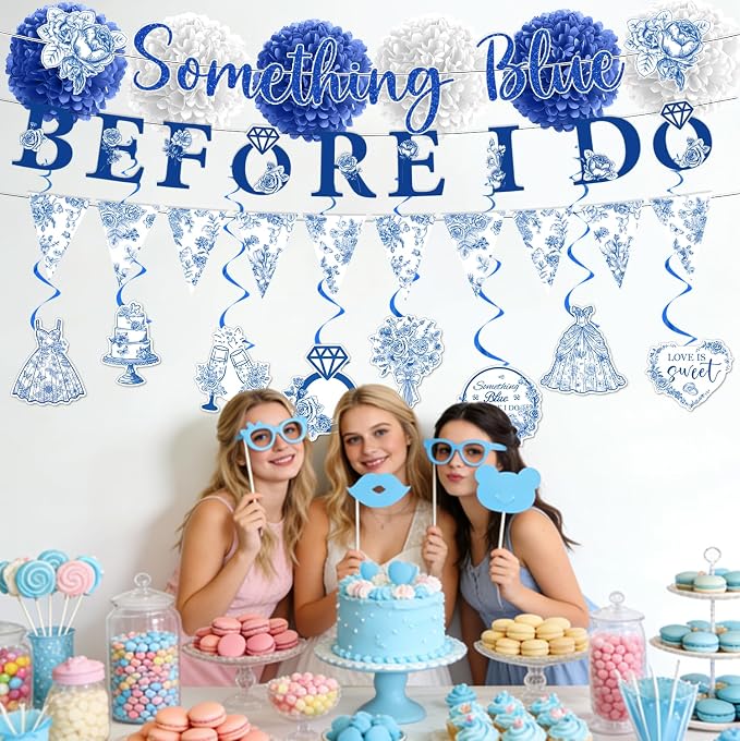 Rakuto Something Blue Before I Marry Bridal Shower Decorations, Something Blue Before I Say I Do Banners Hanging Swirls and Paper Pom Poms, Bachelorette Party Decorations