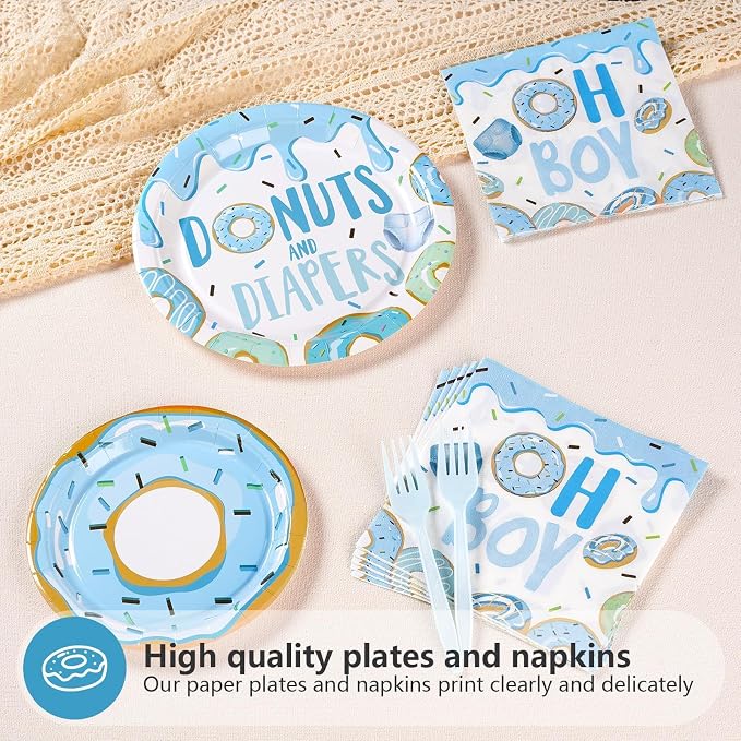 96Pcs Donut Baby Shower Decorations for Boy Blue Donut Party Plates and Napkins Disposable Donuts and Diaper Paper Tableware Set for Boys Donuts Theme Baby Shower Party Supplies, Serves 24