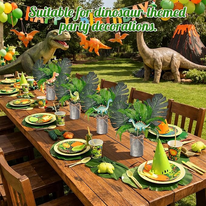 Suncalla 6 Set Dinosaur Party Table Centerpiece Decoration Dinosaur Themed Stick Set Include Vase Stick Artificial Leaves Jungle Animal Theme Table Topper for Baby Shower Birthday (Cylinder,Metal)