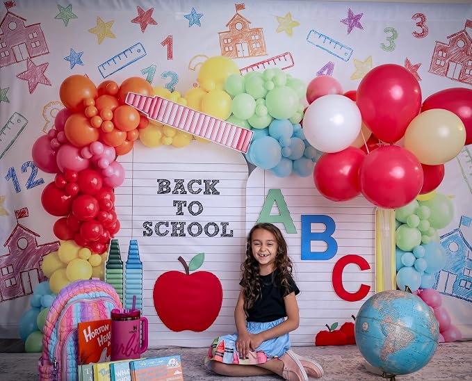Kate Back to School Photo Backdrop ABC Balloon Arch, 10x6.5ft | ABC letters, balloon arch, pencil, apple, colorful school party photo background for kids portraits