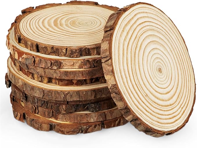 Unfinished Natural Wood Slices for Crafts - 10 Pcs Natural Round Discs Rustic Wood Slices 4.7-5.5 Inch Wooden Tree Bark Discs for DIY Centerpieces Table Base Decoration Wedding Ornaments Coasters