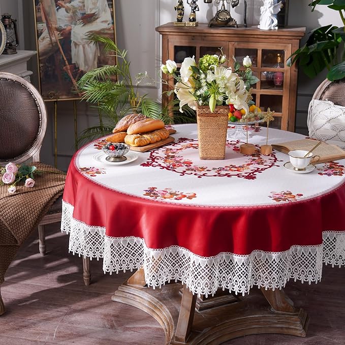 ARTABLE Round Tablecloth Lace Rustic Macrame Embroidered Table Cloths for Harvest Dresser Decor Farmhouse Kitchen Home (Burgundy, 70" Round)