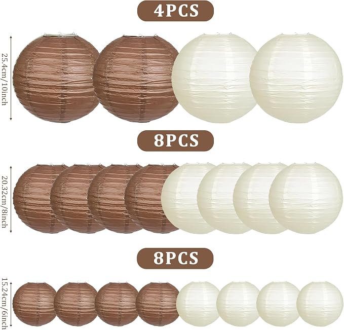 20Pcs Paper Lanterns Decorative, Brown and Ivory Round Hanging Paper Lanterns Decorations for Rustic Party Bridal Shower Wedding Birthday Party Supplies