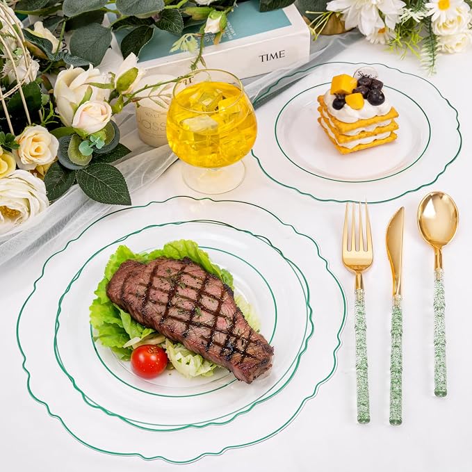 Liacere 150PCS Clear and Green Plastic Plates - Disposable Plates with Glitter Bamboo Handle Cutlery - 60 Baroque Elegant Plates,30Forks,30Spoons,30Knives for Wedding & Party