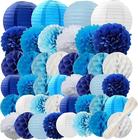 WOLHOWLTD Blue White Paper Decoration Set - 42 Pcs Paper Lanterns, Pompoms, Honeycomb for Wedding,Gender Reveal,School Day,Ocean Theme,Birthday Party,Home Garden Decoration(Blue White)