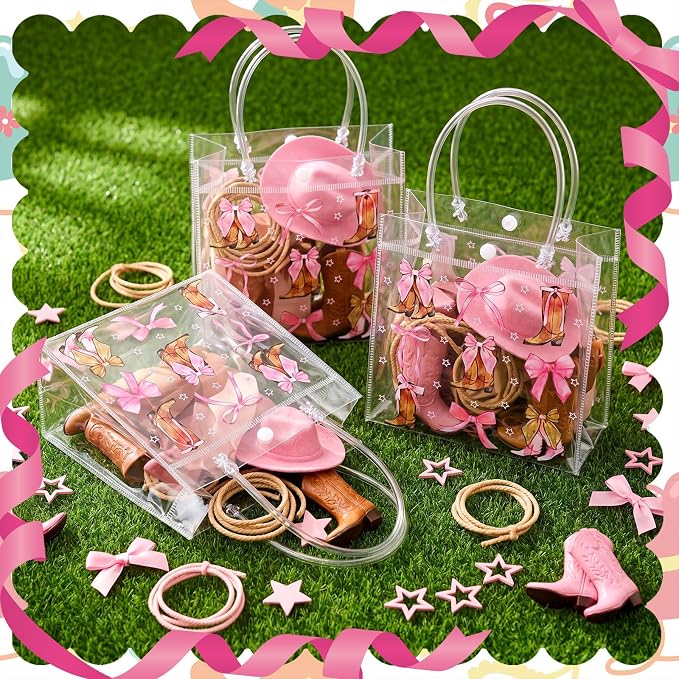 Teenyyou 24 Pcs Coquette Cowgirl Clear Gift Bags Western Boots and Pink Bow Print Transparent Tote Bags, Reusable PVC Handbags for Cowgirl Theme Party, Bachelorette, Birthday, Bridal Shower