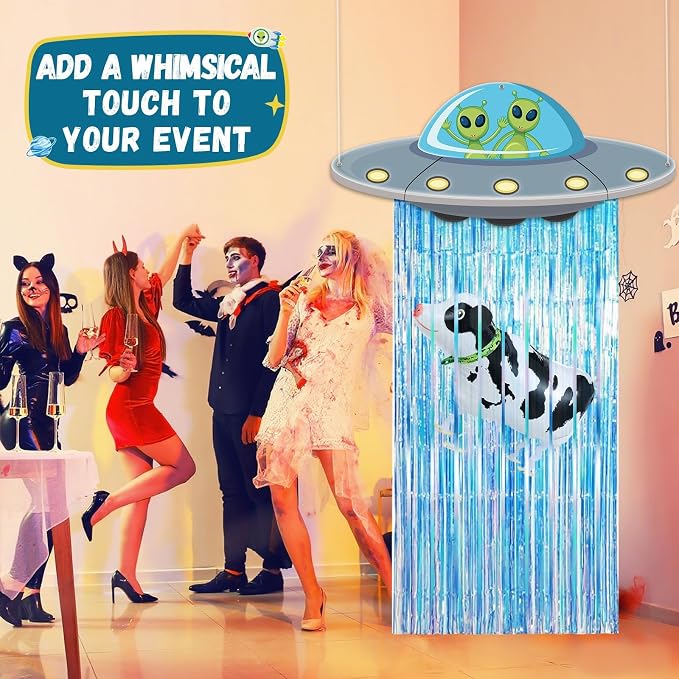 Alien Door Curtains with Tinsel Foil Fringe Curtain Cow Balloon Alien Spacecraft Party Decorations UFO Spacecraft Birthday Decorations Flying Saucer Spaceship Hanging Banner for Space Halloween Party