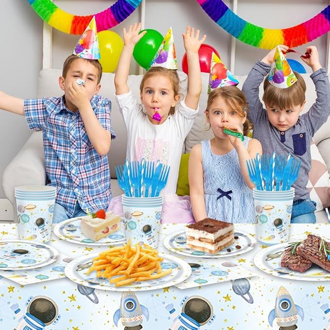 141Pcs Blue Outer Space Party Supplies for Baby Shower Birthday Party Decorations Moon Star Outer Space Planet Theme Plates and Napkins Forks Cups Straws Tablecloch Serves 20 Guests