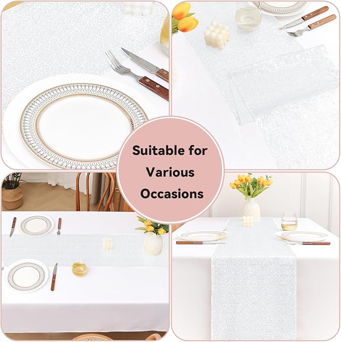 Sugargirl 10 Packs 12 x 72 inches Sequin Table Runner, Glitter White Table Runner for Birthday Party Supplies Wedding Holiday Celebration Event Decorations