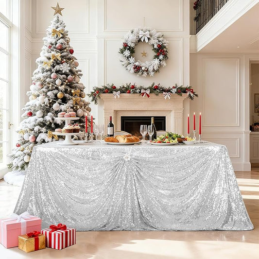 PartyDelight Sequin Tablecloth Rectangular 60"x102" Sparkly Silver Overlay for Wedding Party Birthday Bridal Baby Events Decorations