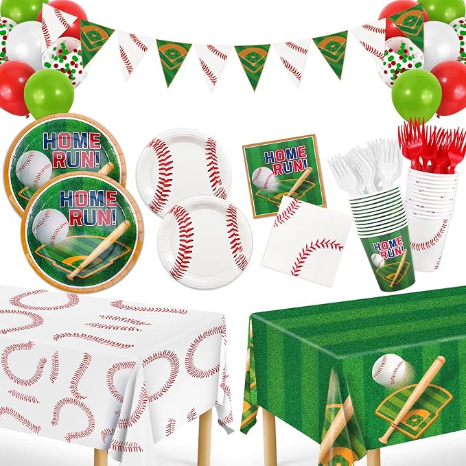 Baseball Party Decorations for 24 - Baseball Party Supplies Bundle with Plates, Napkins, Cups, Banner,Tablecloth and Balloons Perfect for Birthday & Gameday Celebrations
