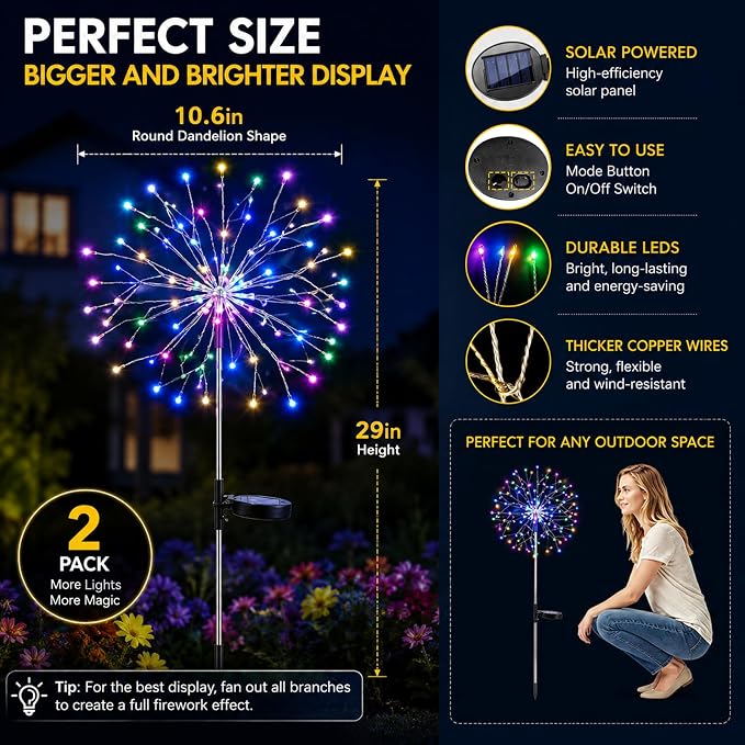 suddus Solar Garden Lights Outdoor Waterproof Decorative, 2Pack 150LED Firework Lights 8 Modes, Multicolor Solar Fairy Light for Yard, Patio, Pathway, Flowerbed Party Wedding Decor